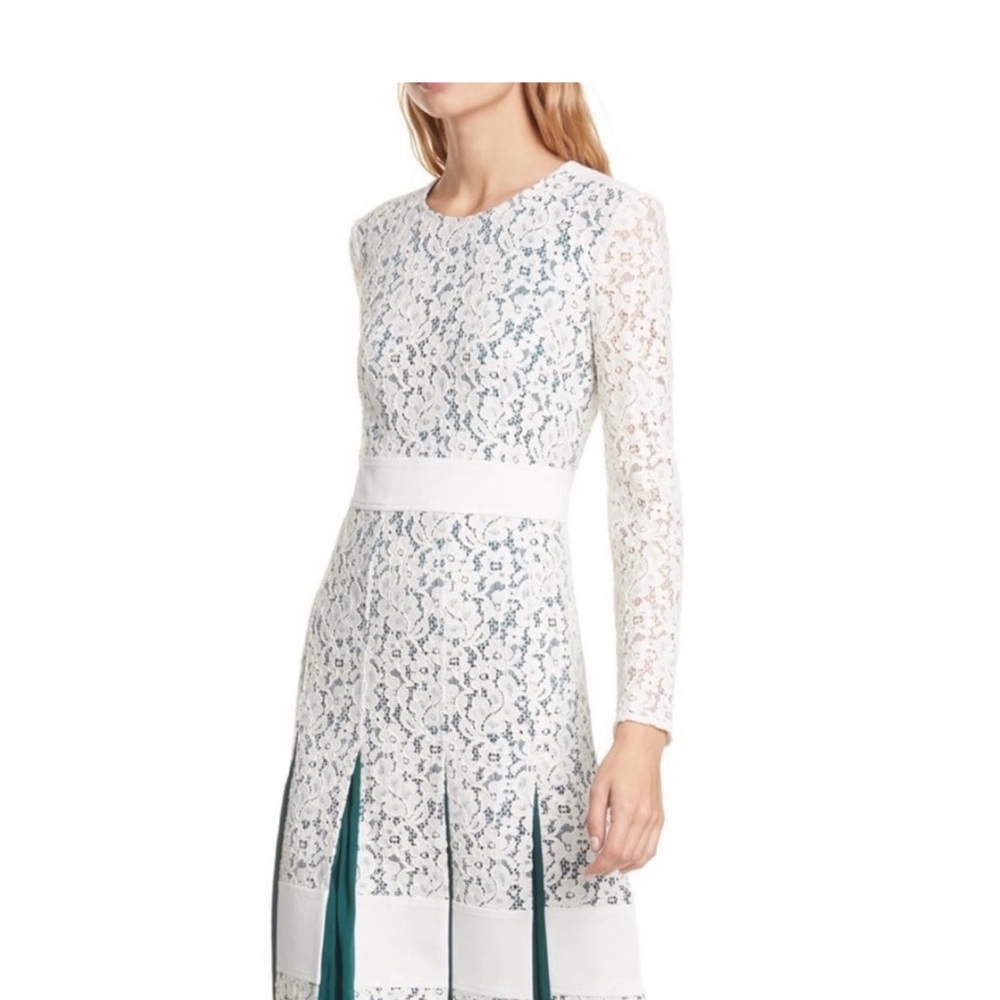 Tory Burch Green and White Long Sleeve Pleated Dress